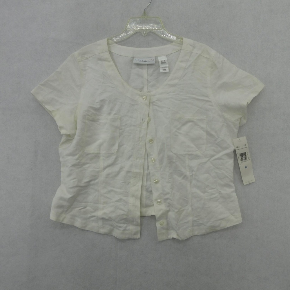 First Issue Shirt Womens XL White Linen Rayon Short Sleeve Button Front NWT
